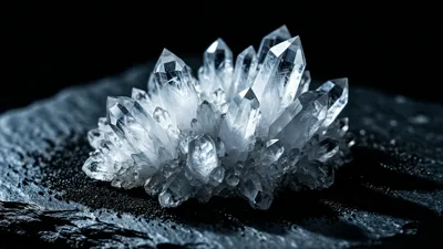 Racimos afilados de cristales se alzan sobre un lecho de pizarra oscura, iluminados por una luz fría de tono blanco azulado que proyecta sombras largas entre las caras facetadas.
