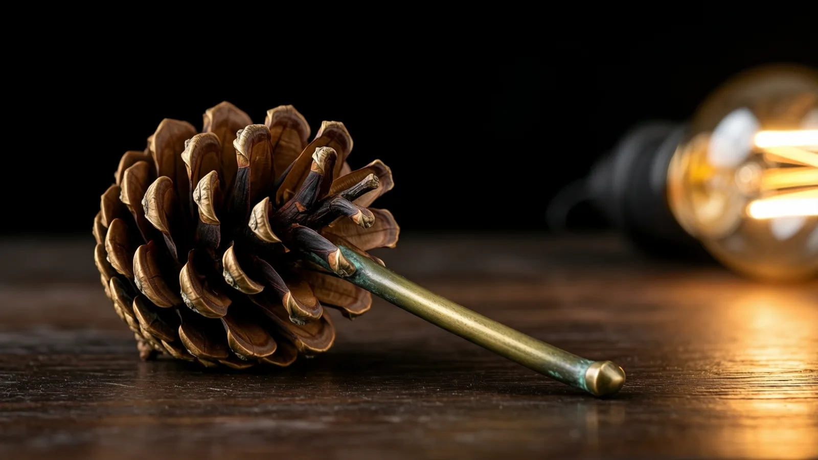Una piña marrón con un tallo metálico delgado, de tono verdoso y punta redondeada, descansa sobre una superficie de madera oscura. La luz cálida cae a la derecha, donde se ve borroso un foco de filamento encendido sobre fondo negro.