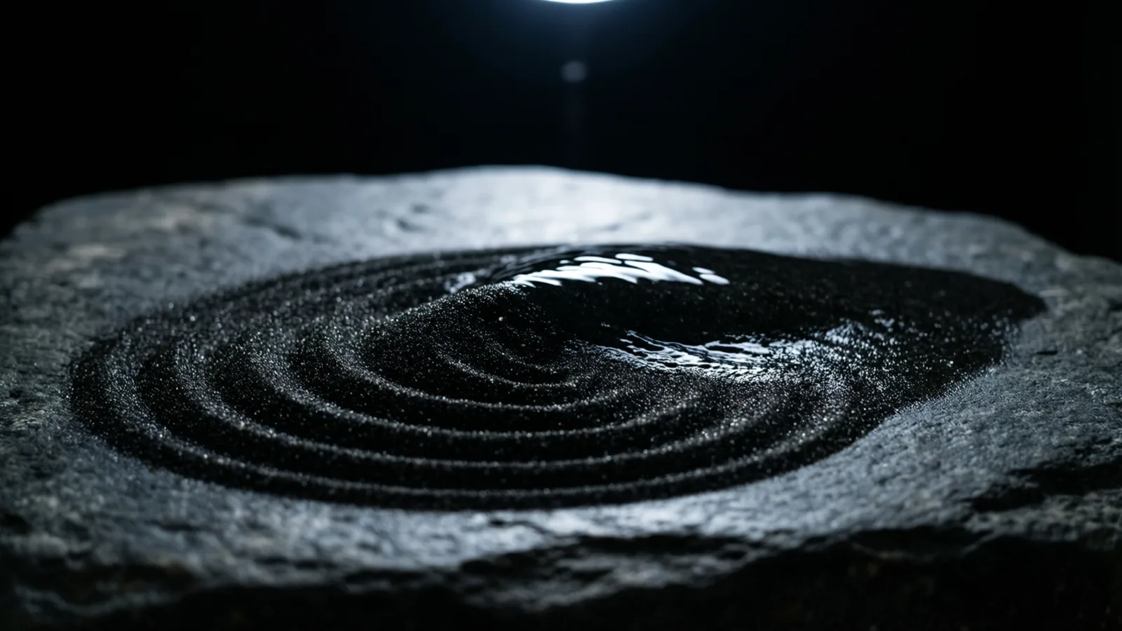 Una losa de piedra gris rugosa sostiene una capa de arena negra fina con forma de anillos concéntricos, con una zona húmeda y brillante al fondo. Una luz intensa llega desde arriba sobre un fondo negro.