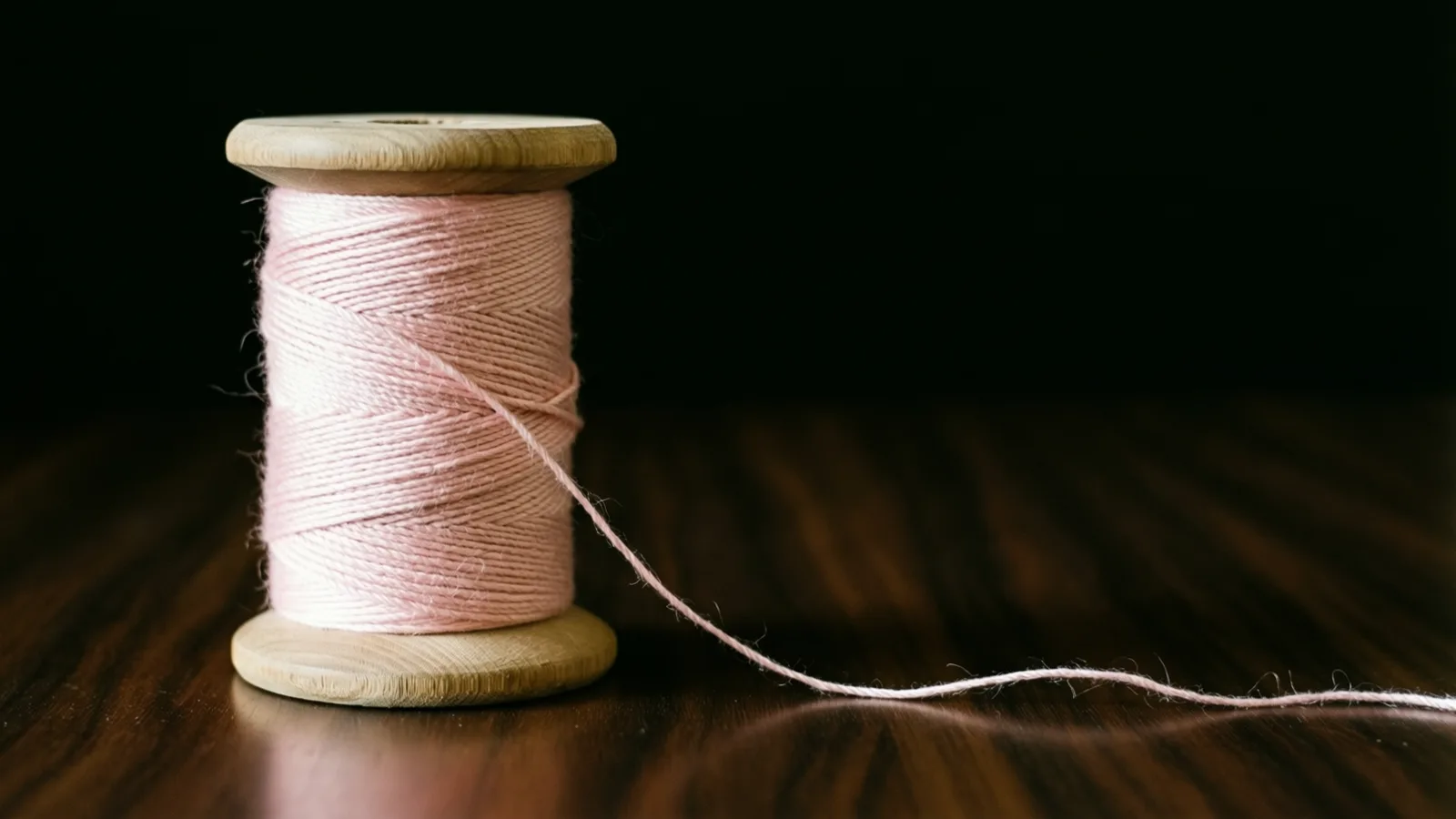 Un carrete de madera con hilo rosa pálido está sobre una superficie de madera oscura y pulida, con una hebra suelta que se extiende hacia la derecha. Una luz suave cae sobre el carrete y el fondo es negro.