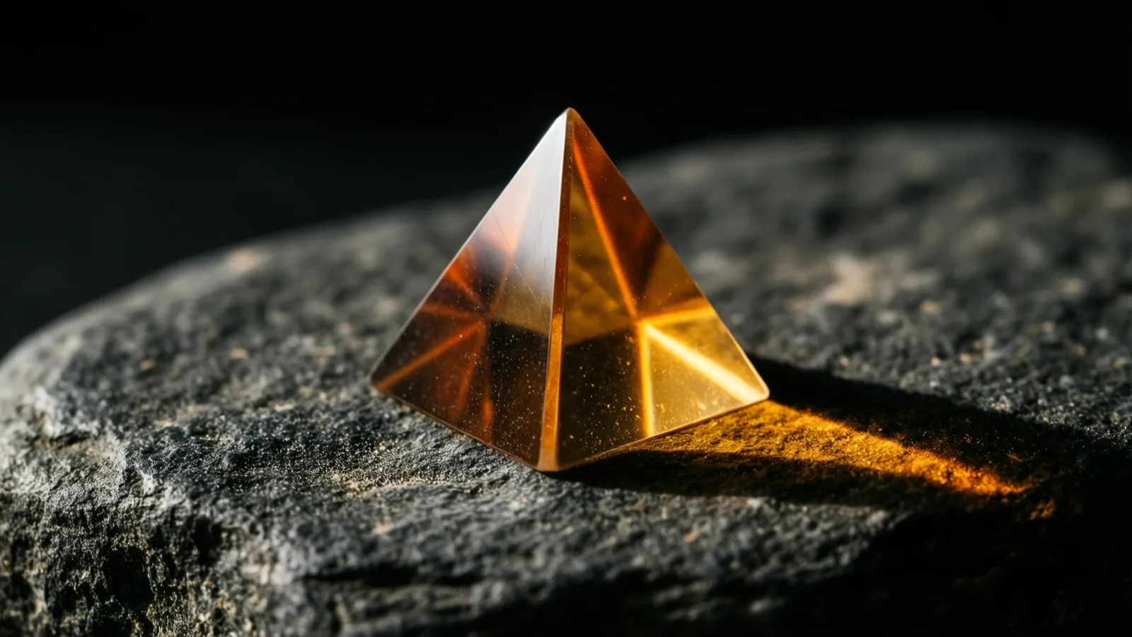 A single transparent amber pyramid with internal inclusions rests on dark, rough stone, light striking one face and casting a warm golden reflection across it.