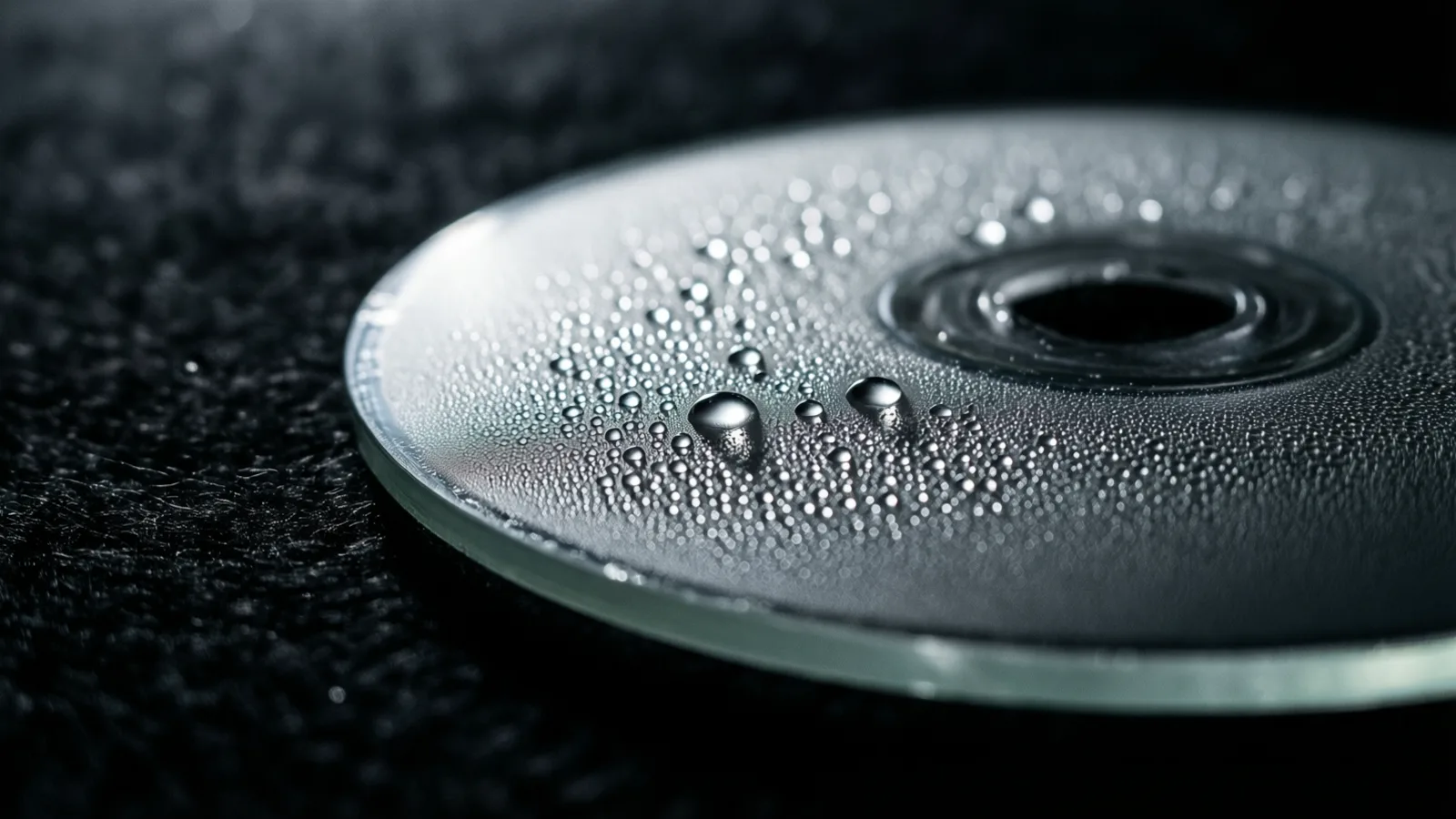 A frosted glass disc on dark felt is dotted with small condensation beads, each one catching a thin line of cold light.
