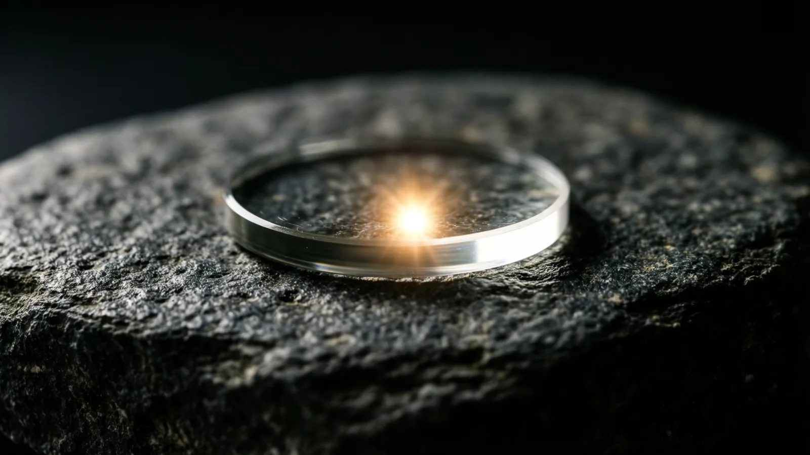 A plano-convex lens on rough stone concentrates a band of warm light into one small bright point at its curved face.
