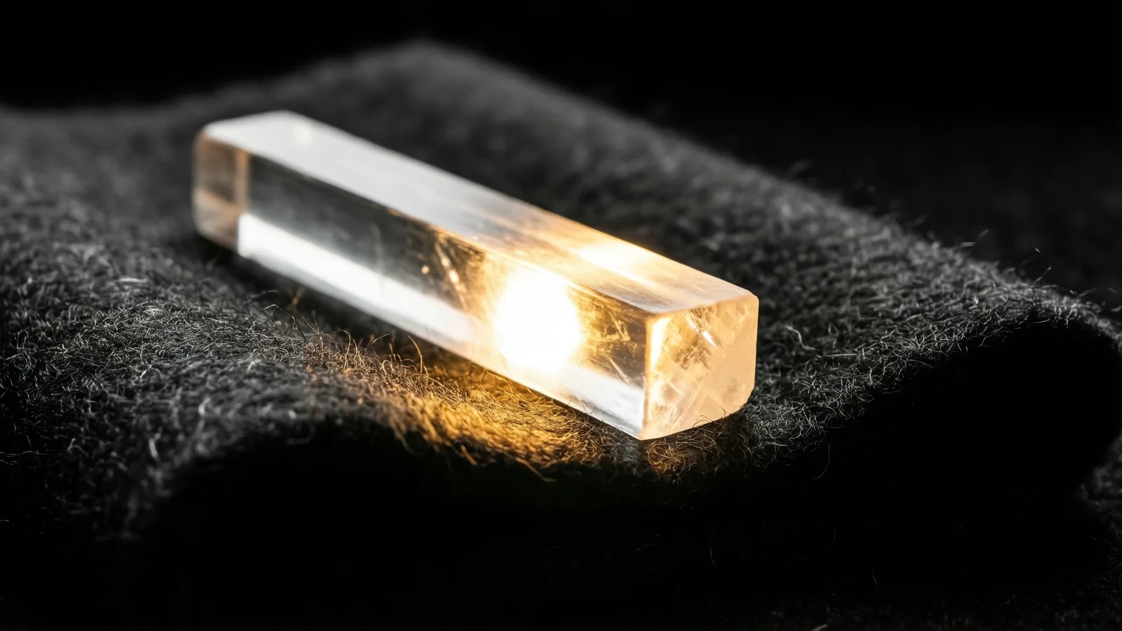 A clear quartz rod lies across a fold of dark felt with a warm line of light glowing along its length.