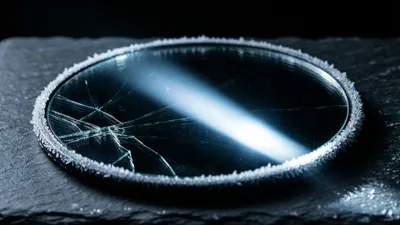 A round glass disc rimmed in thick white frost lies on a dark slate slab, its surface webbed with cracks on the left while a broad diagonal blade of cold light sweeps across the glass.