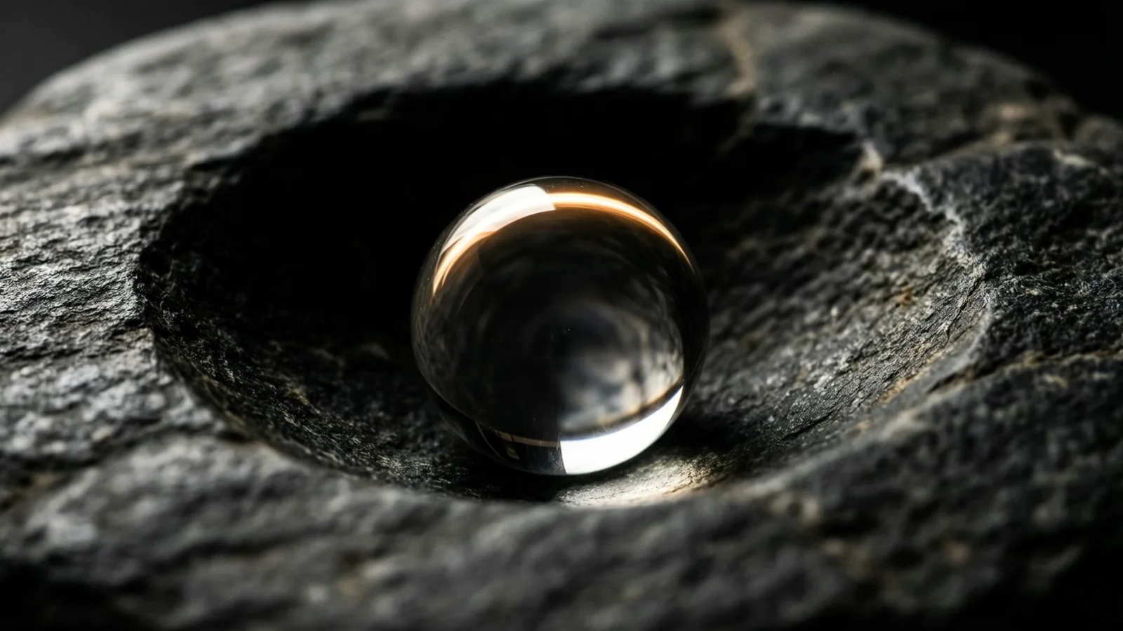 A clear glass sphere rests in a shallow hollow worn into coarse grey speckled stone, a warm amber streak curving across its upper edge, a bright white crescent glowing along its base.