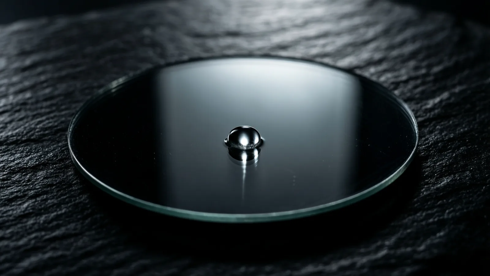 A single water droplet catches a thin blade of cold light on an otherwise bare dark mirror.