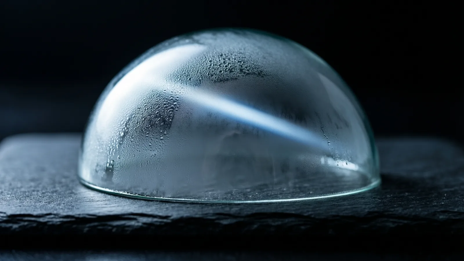 A domed watch glass fogged with condensation sits on dark slate, a low blade of cold light catching droplets near its rim.