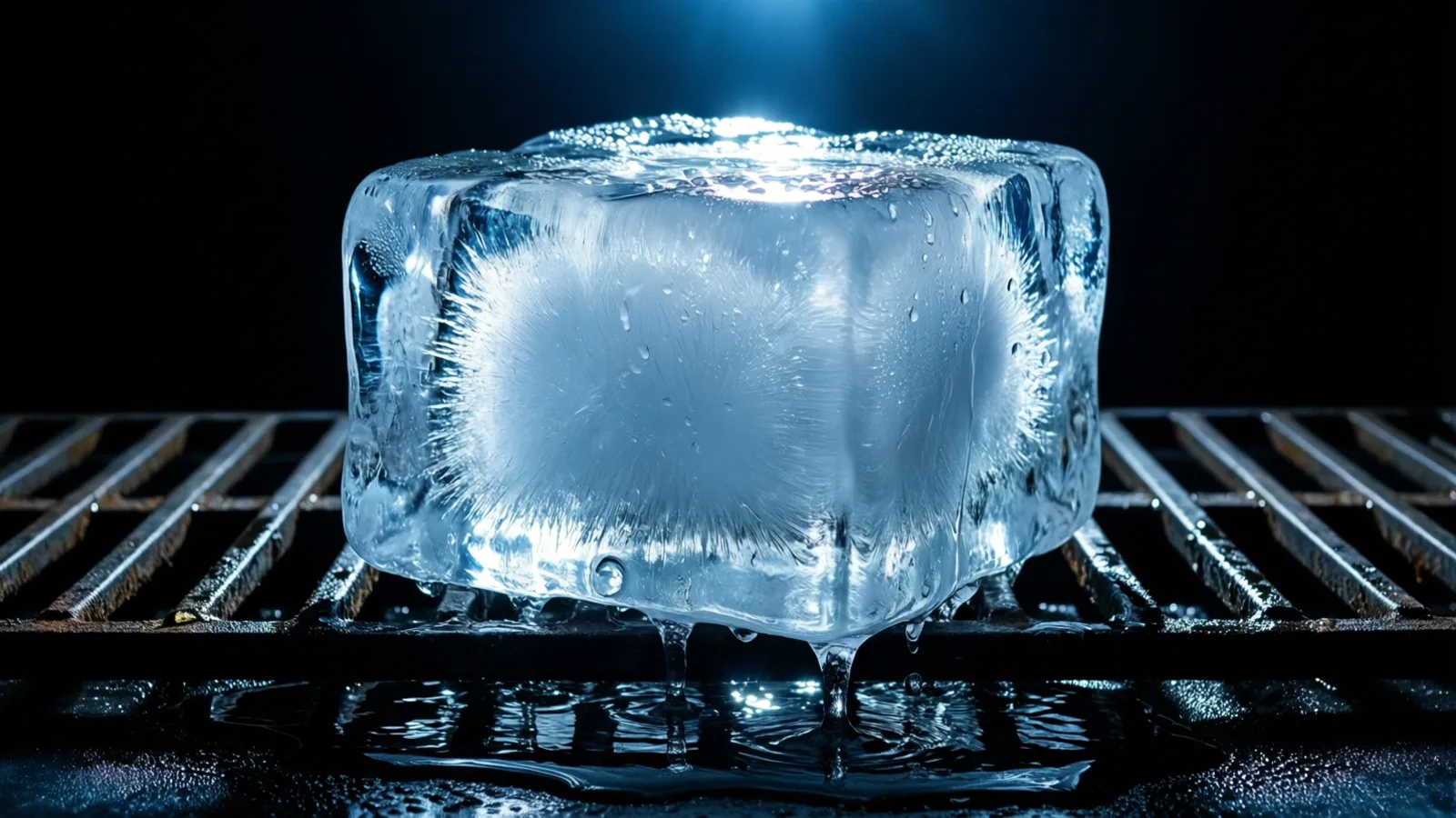Un bloque de hielo transparente con el núcleo blanco y escarchado descansa sobre una rejilla de acero oscura, con el agua de deshielo cayendo por su borde inferior hacia un charco somero y luz azulada desde arriba.