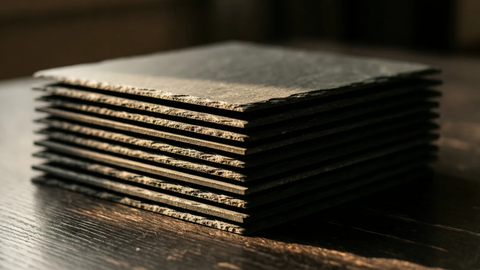 Una docena de baldosas finas de pizarra se apilan bien escuadradas sobre madera oscura; sus bordes irregulares forman una cara veteada en un costado mientras la lámina superior, lisa, recoge la luz.