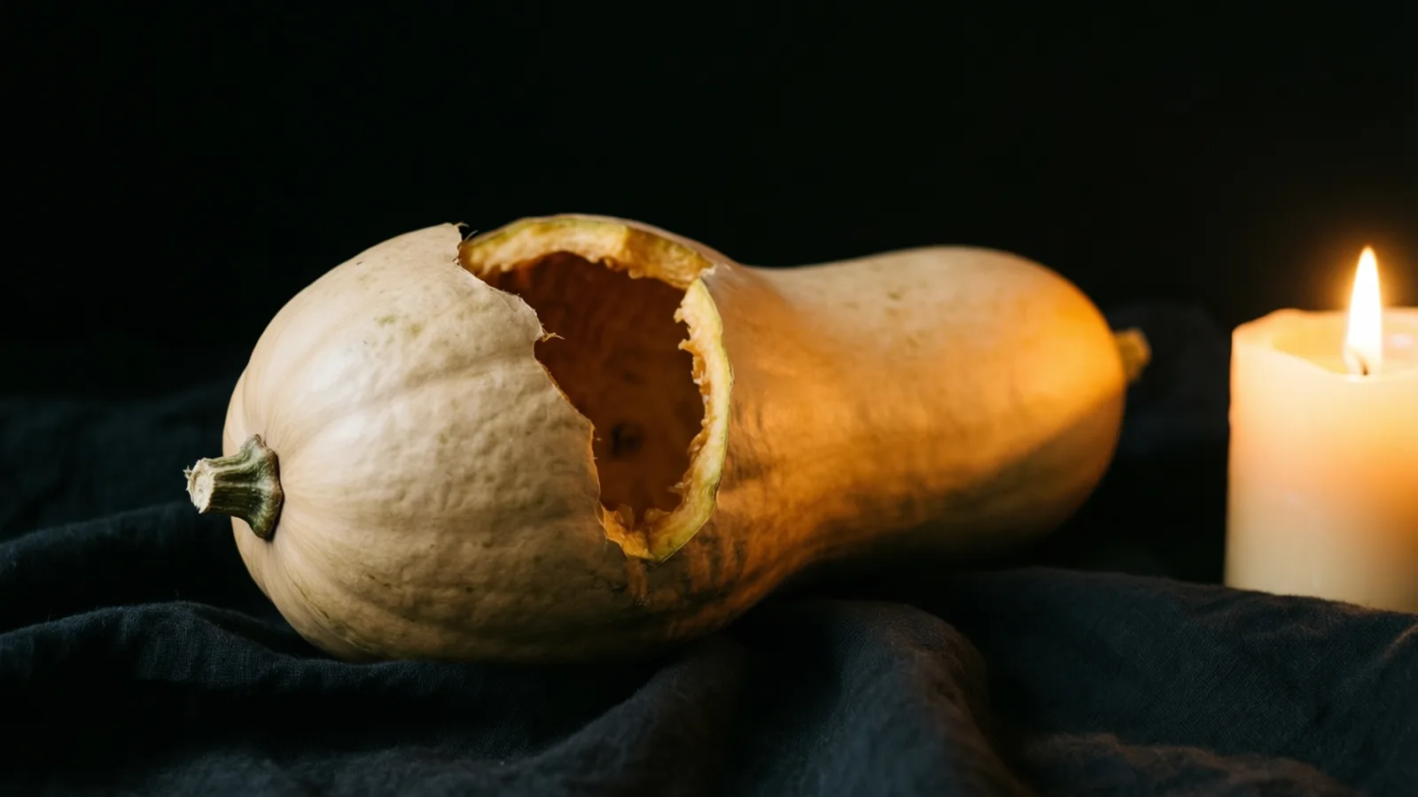 Una calabaza butternut de color beige reposa sobre una tela oscura doblada, con una abertura rasgada en la cáscara que deja ver la pulpa anaranjada. A la derecha hay una vela encendida que ilumina la calabaza con luz cálida sobre un fondo negro.