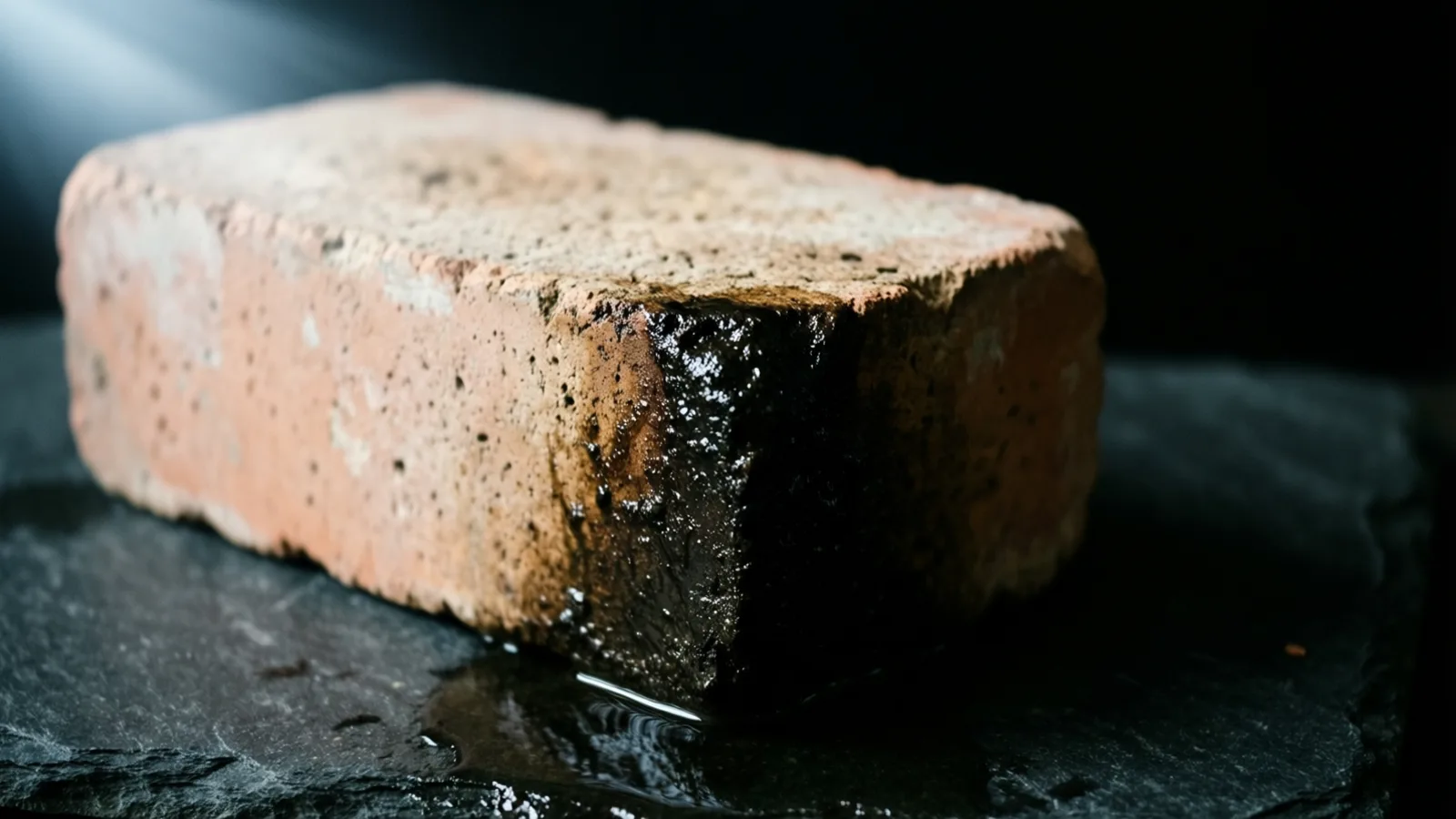Un ladrillo de arcilla rosado y desgastado, de superficie con pequeños orificios, con un extremo oscuro y húmedo, sobre una superficie rugosa de pizarra oscura con un pequeño charco debajo. Entra una luz pálida desde arriba a la izquierda, con fondo negro.