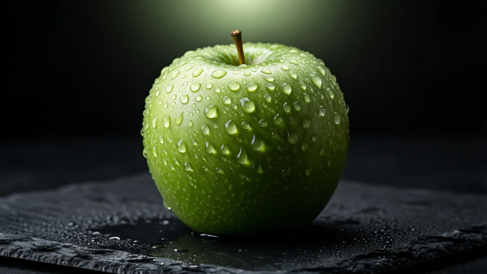 Una manzana verde cubierta de gotas de agua descansa sobre una superficie rugosa de pizarra oscura, con un pequeño charco debajo. Una luz suave cae desde arriba sobre la parte superior de la manzana y el fondo oscuro.