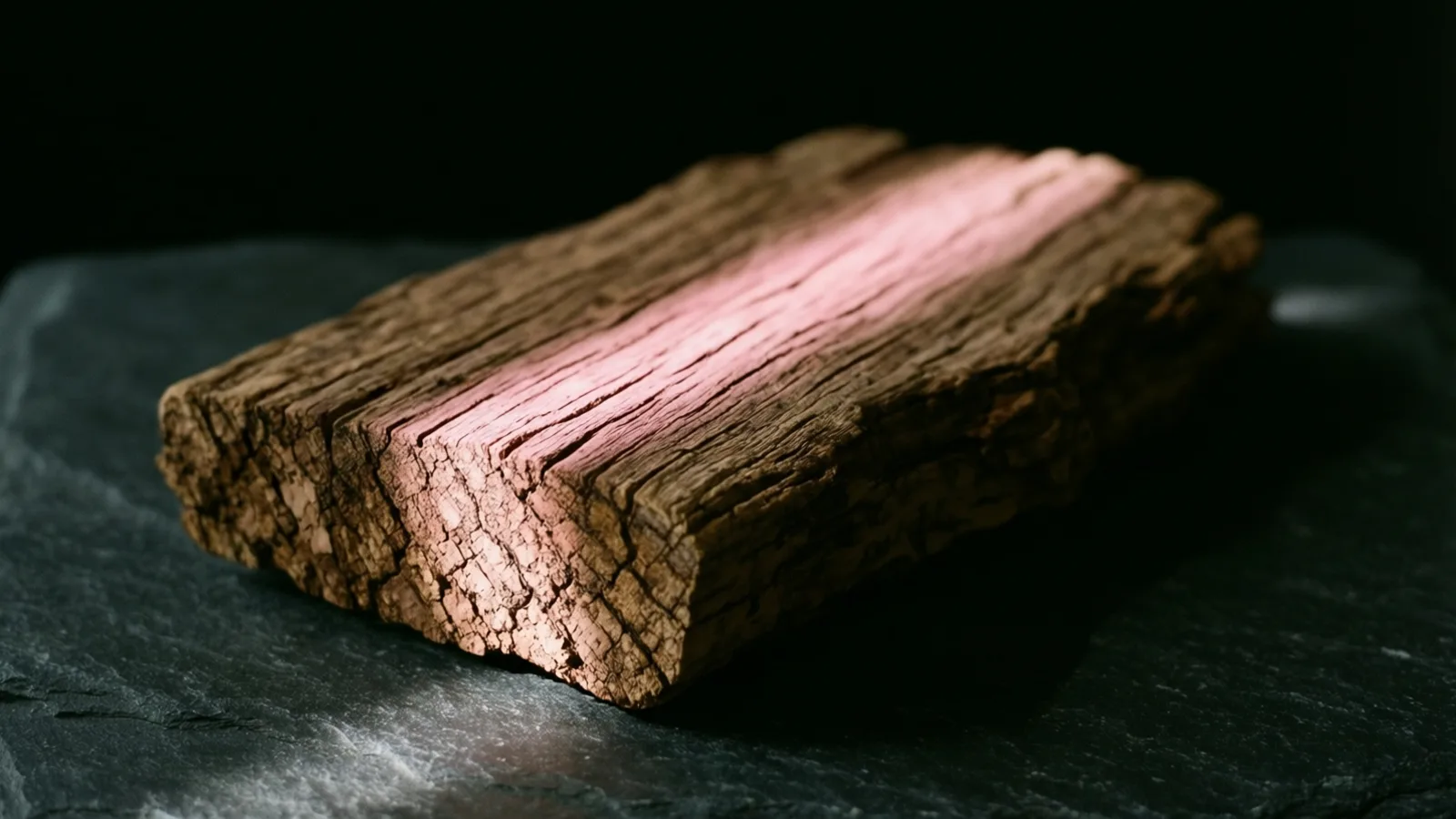 Un trozo de madera envejecida y agrietada, con textura rugosa como de corteza, descansa sobre una superficie de pizarra gris oscura. Una franja de luz rosada cae sobre su parte superior y su extremo frontal, y el fondo es negro.