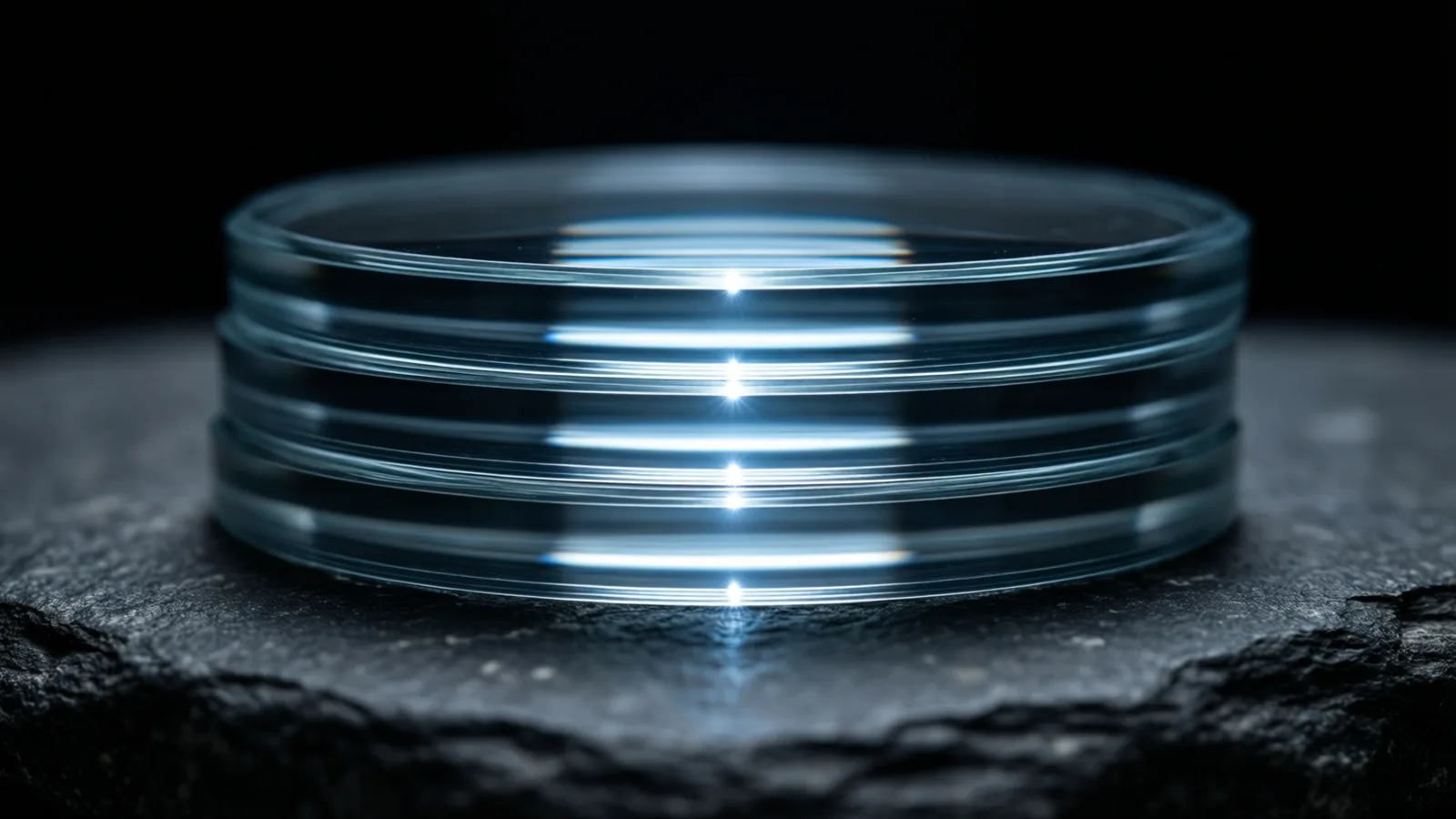 Tres lentes planoconvexas apiladas sobre piedra oscura captan cada una un pequeño punto de luz fría, alineadas en una sola línea.