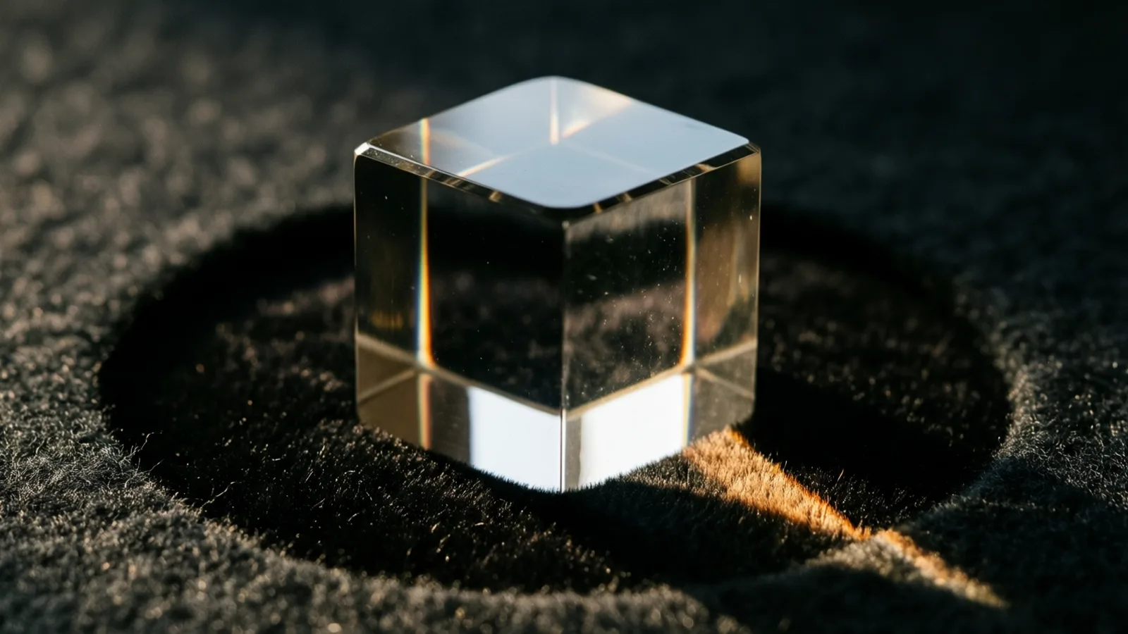Un cubo de vidrio transparente con los bordes superiores biselados descansa en un hueco poco profundo de fieltro negro, con finas líneas ámbar sobre sus aristas internas y una franja de luz cálida que cruza la tela a su lado.