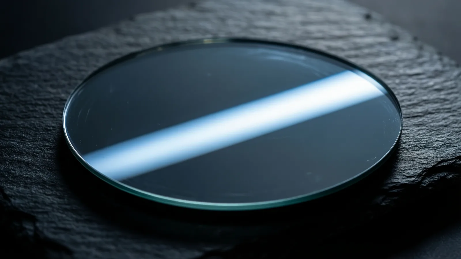 Un plano óptico circular sobre pizarra oscura refleja una única línea de luz fría, fina y perfectamente recta.