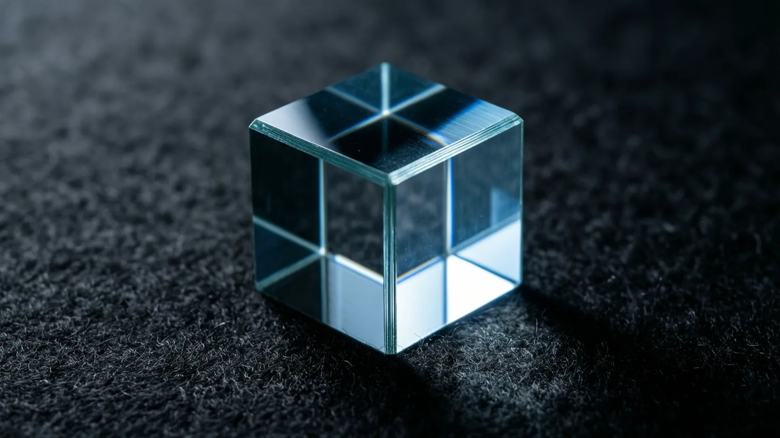 Un cubo apoyado sobre una superficie oscura y texturizada, con luz que se refleja en sus aristas y divisiones internas y crea brillos en las caras derecha y superior.