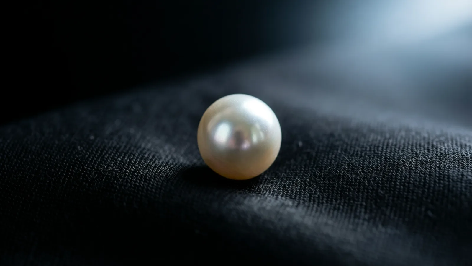 Una sola perla redonda de color crema reposa sobre una tela negra tejida con suaves pliegues. Una luz fría y tenue cae desde la parte superior derecha, y el fondo se difumina en la oscuridad.