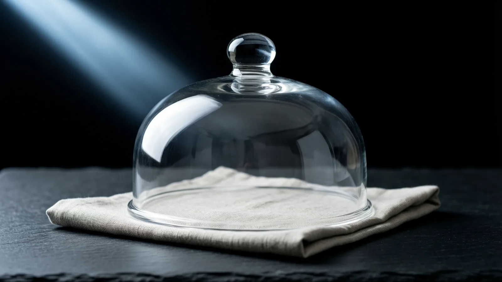 Una cúpula de vidrio transparente con una perilla redonda arriba descansa sobre un paño de lino gris claro doblado, encima de una superficie de pizarra oscura. Un haz de luz azulada cae desde la esquina superior izquierda sobre un fondo negro.