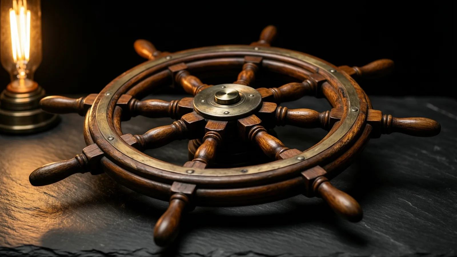 A wooden ship's wheel with a metal rim and a round metal hub rests on dark slate. Warm light from a glowing filament bulb on a metal base at the left falls across the wood, against a black background.