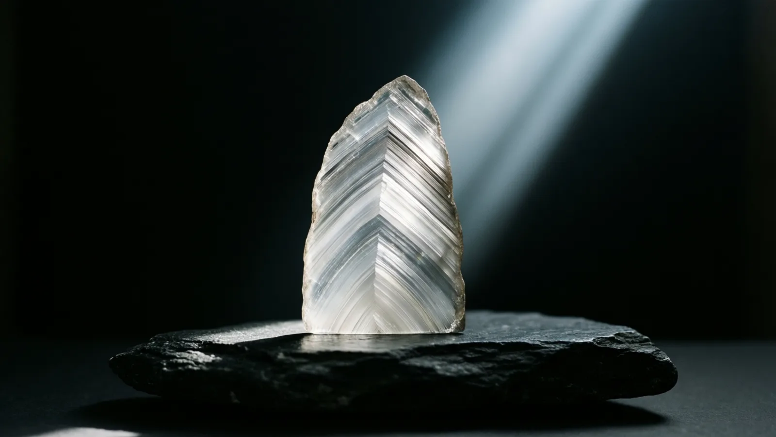 A translucent pale crystal with fine chevron-shaped banding stands upright on a flat, rough dark slate slab. A beam of cool light falls from the upper right across the dark background.