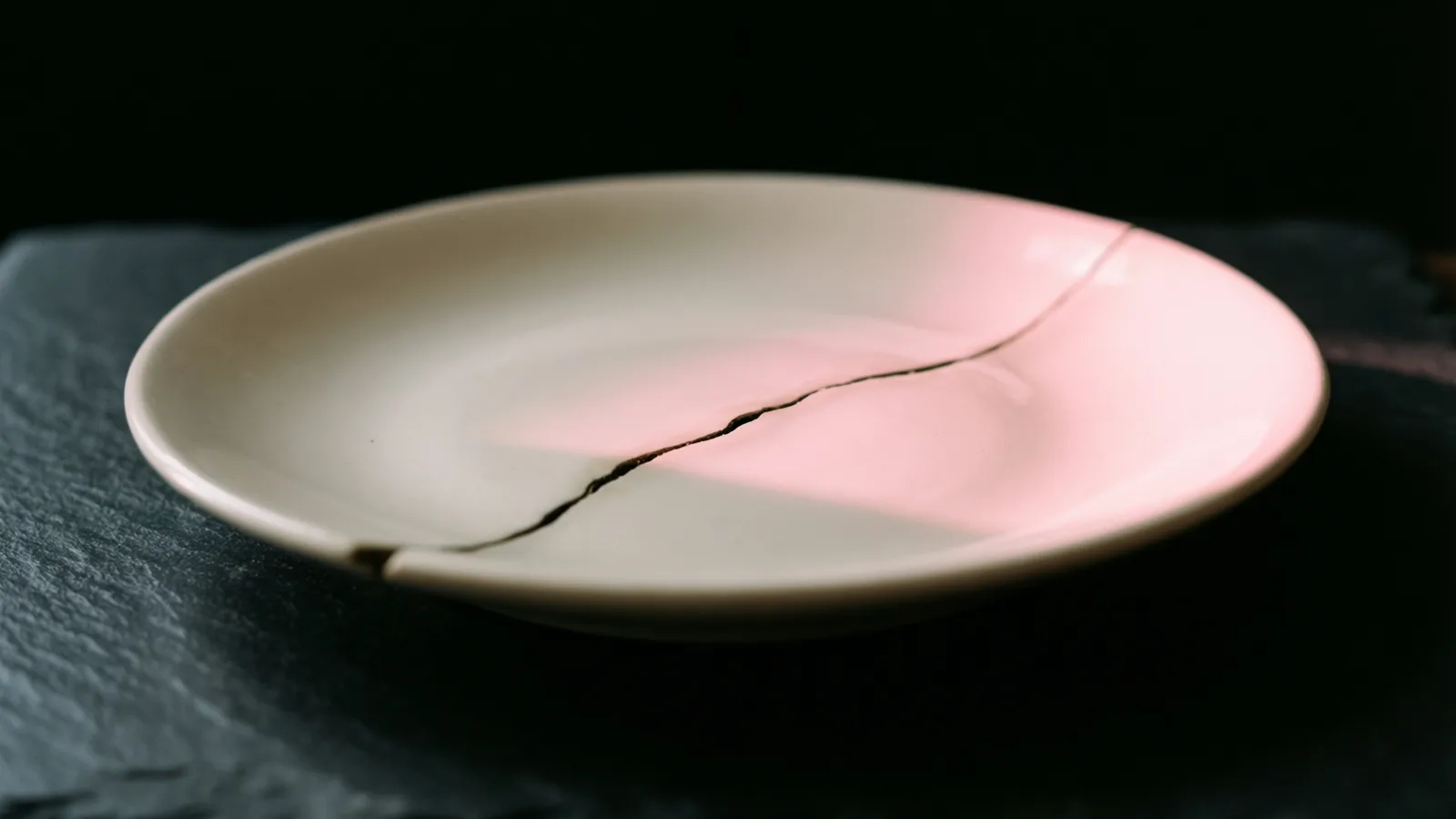 A shallow ceramic plate, cream on the left and pale pink on the right, has a thin dark crack running diagonally across it. It sits on dark slate, lit softly from the right, with a black background.