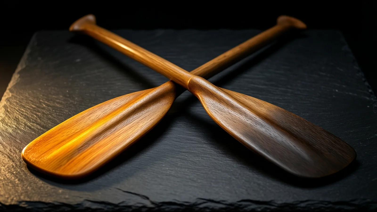 Two wooden paddles with polished grain cross each other in an X on a dark textured slate surface. Warm light falls on the left blade and the handles, and the background is black.