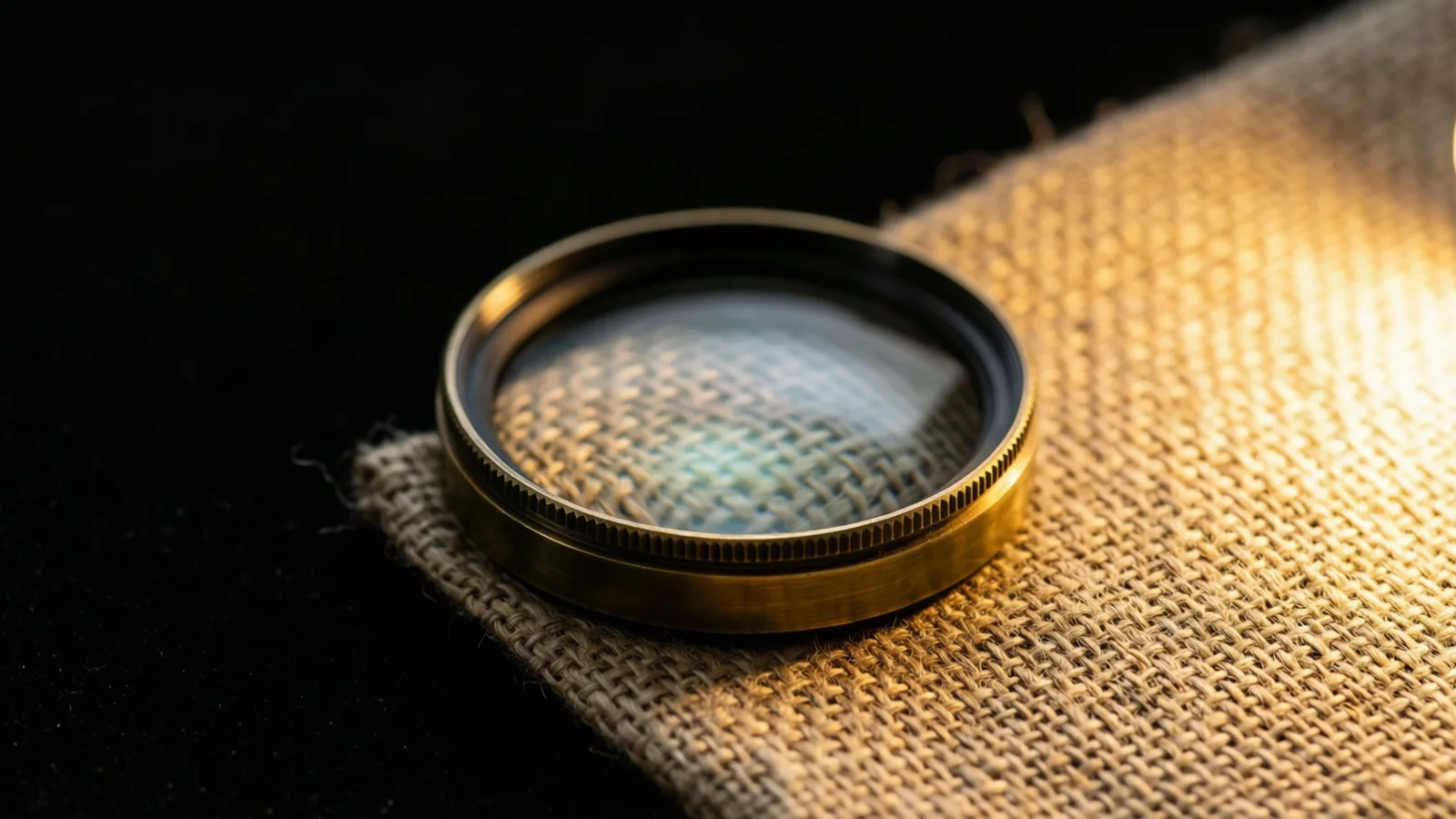 A round metal-rimmed glass lens with a finely ridged edge rests on a piece of coarse burlap. Warm light falls on the burlap from the right, and the weave shows through the glass; the left background is black.