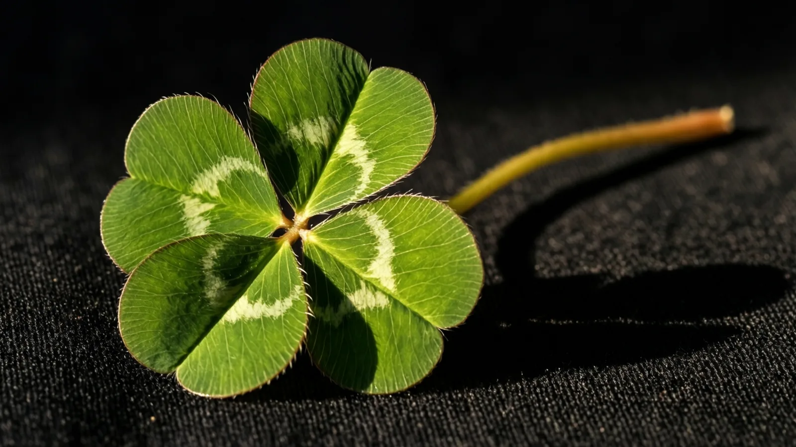 Un trébol verde de hojas anchas y redondeadas, cada una con una franja curva pálida, reposa sobre una tela oscura tejida con su tallo delgado curvándose hacia la derecha. La luz desde la parte superior izquierda proyecta una sombra curva y nítida junto al tallo.