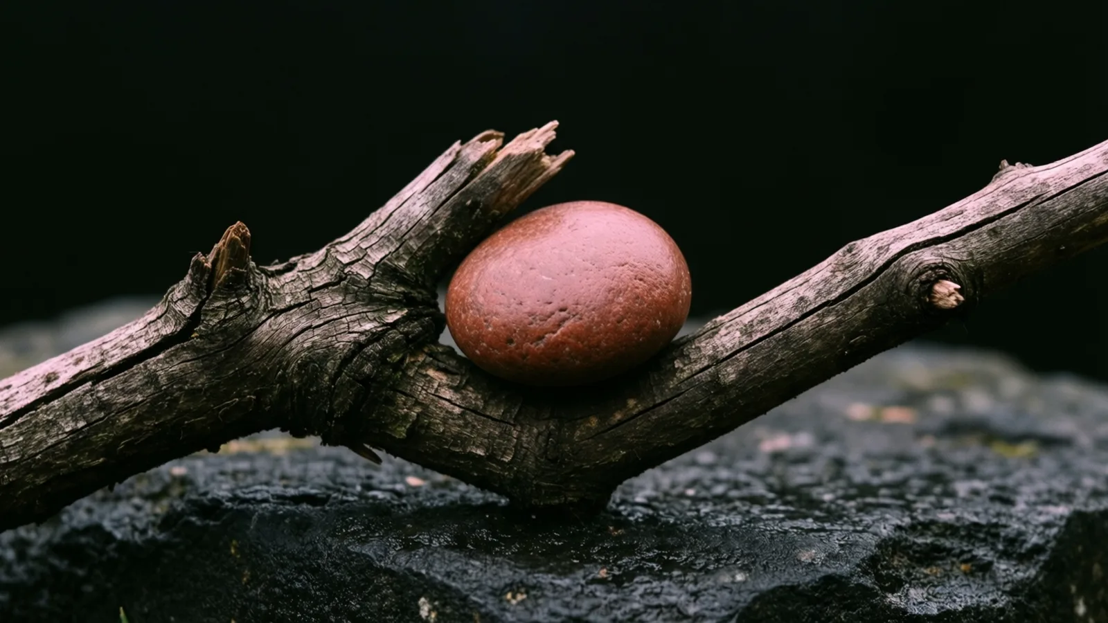 Una piedra lisa de color marrón rojizo descansa en la horquilla de una rama seca y desgastada de tono gris pardo, apoyada sobre una roca oscura de aspecto húmedo. Una luz suave incide de frente sobre la piedra y la corteza, con un fondo negro liso.