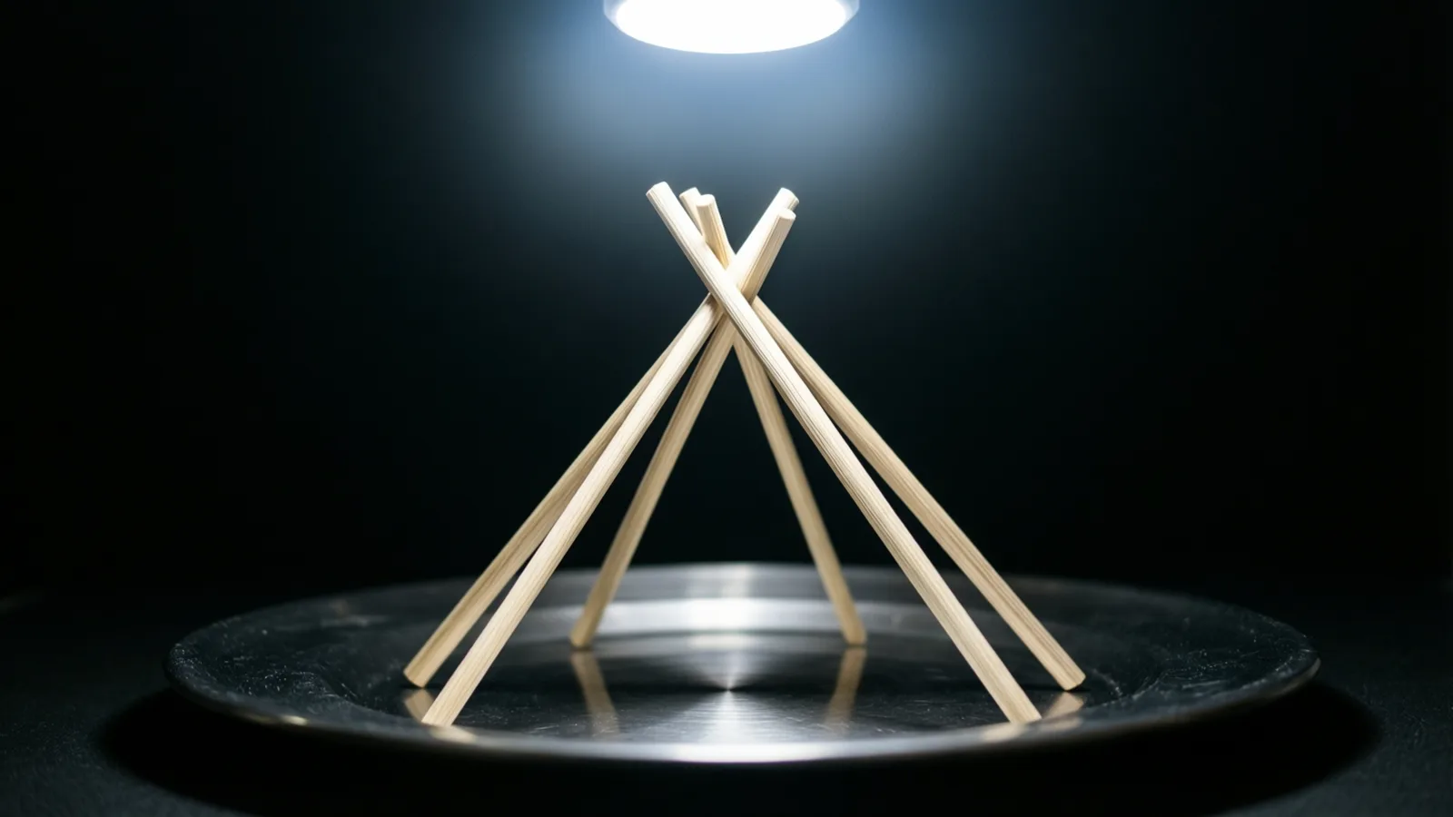 Varias varillas delgadas de madera clara se apoyan entre sí en forma de tienda de campaña sobre una bandeja metálica redonda y rayada. Una luz blanca, brillante y redonda cuelga arriba al centro e ilumina las varillas y la bandeja sobre un fondo negro.