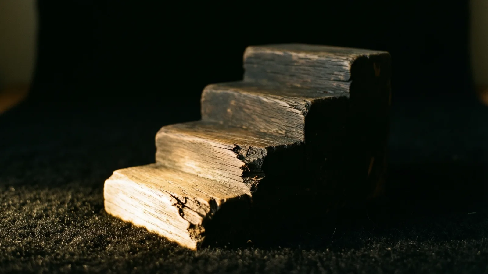 Un pequeño bloque escalonado de madera envejecida descansa sobre una tela oscura y afelpada; la luz llega desde la izquierda e ilumina los escalones del frente, mientras el lado derecho queda en sombra profunda. El fondo es negro, con tenues manchas claras desenfocadas en los bordes.