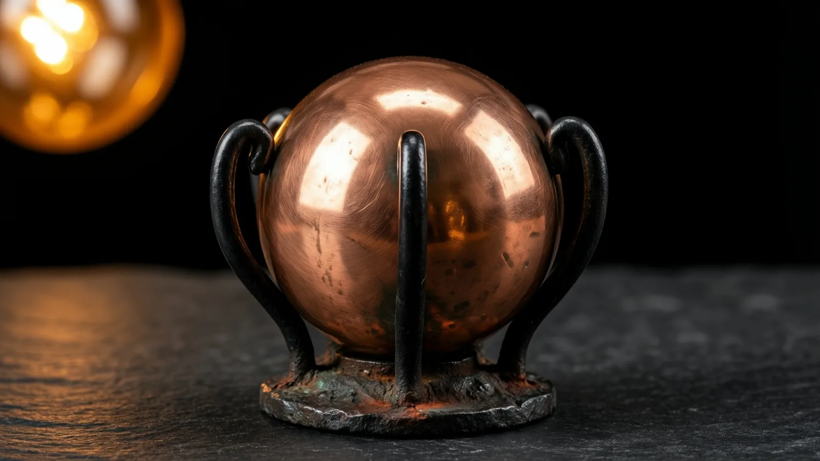 Una esfera metálica lisa de color cobre descansa sobre un soporte metálico oscuro de brazos curvos, sobre una superficie de piedra gris oscura. La luz cae sobre la parte superior izquierda de la esfera, con un resplandor ámbar desenfocado arriba a la izquierda sobre un fondo negro.