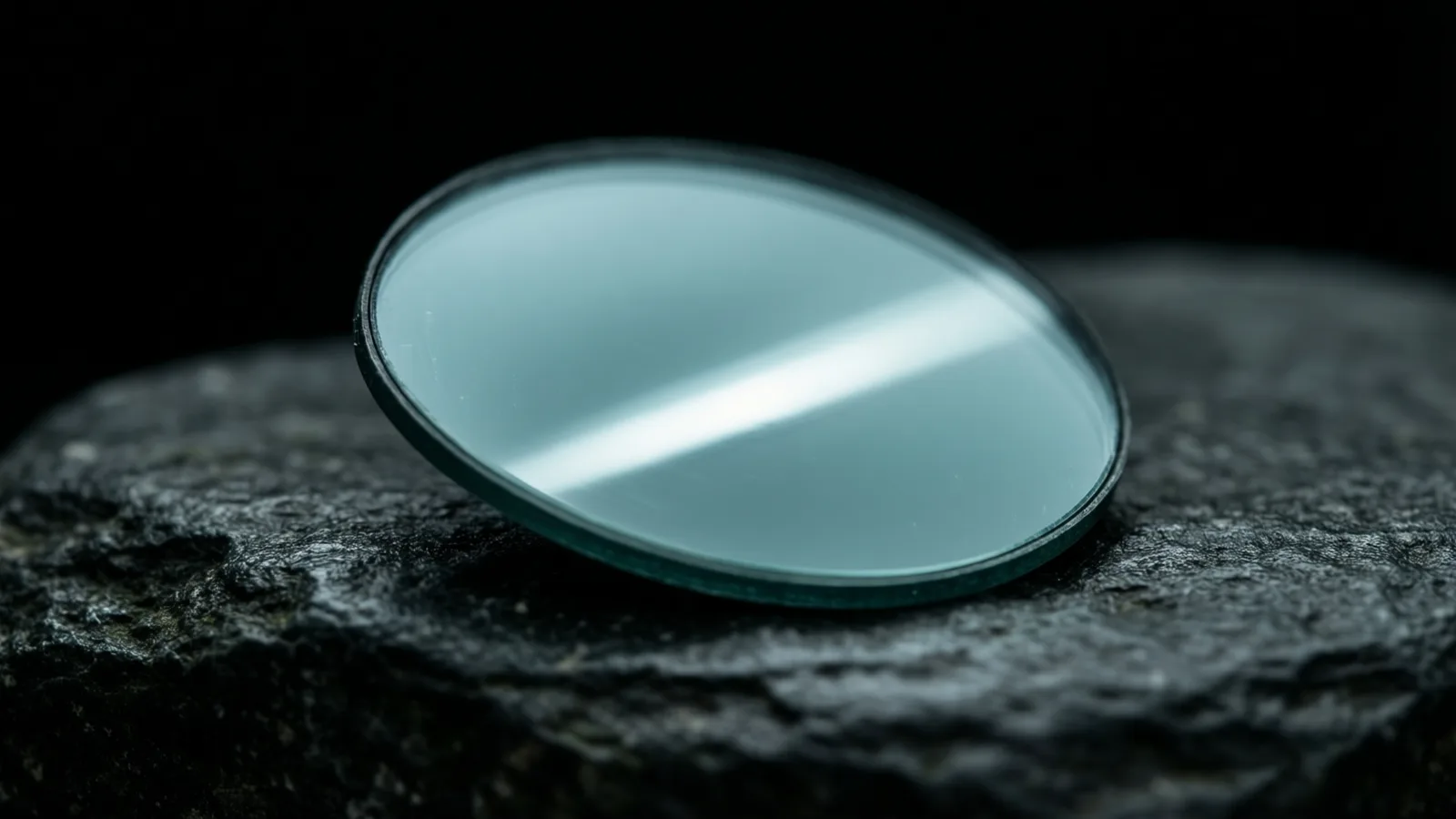 Un pequeño espejo cóncavo de leve tono azul verdoso curva una fina hoja de luz fría hasta convertirla en un único reflejo alargado.