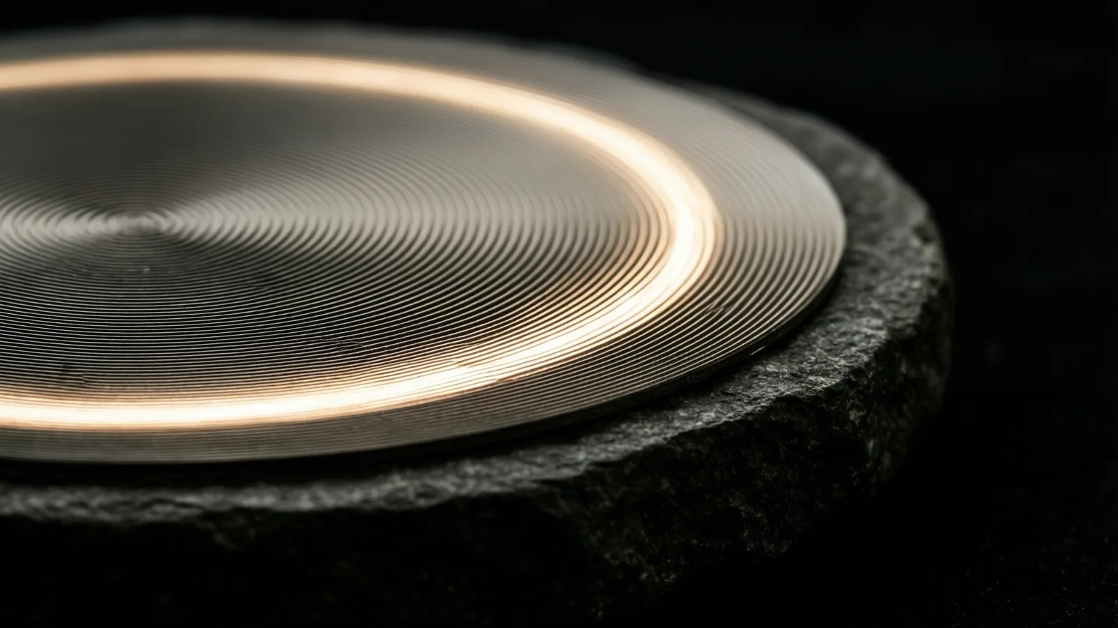 Un disco de lente de Fresnel sobre piedra oscura descompone una banda de luz cálida en una serie de finos anillos concéntricos.