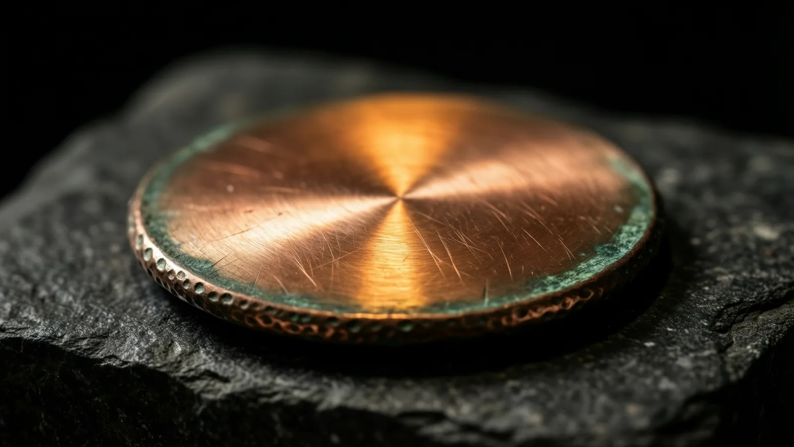 Un único disco de cobre bruñido, con el borde levemente verdoso, reposa sobre piedra oscura y uno de sus cantos brilla bajo una luz cálida baja.