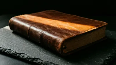 Un libro de registro encuadernado en cuero reposa cerrado sobre pizarra oscura, con una banda estrecha de luz cálida que cruza su lomo gastado mientras el resto de la superficie se hunde en la sombra.