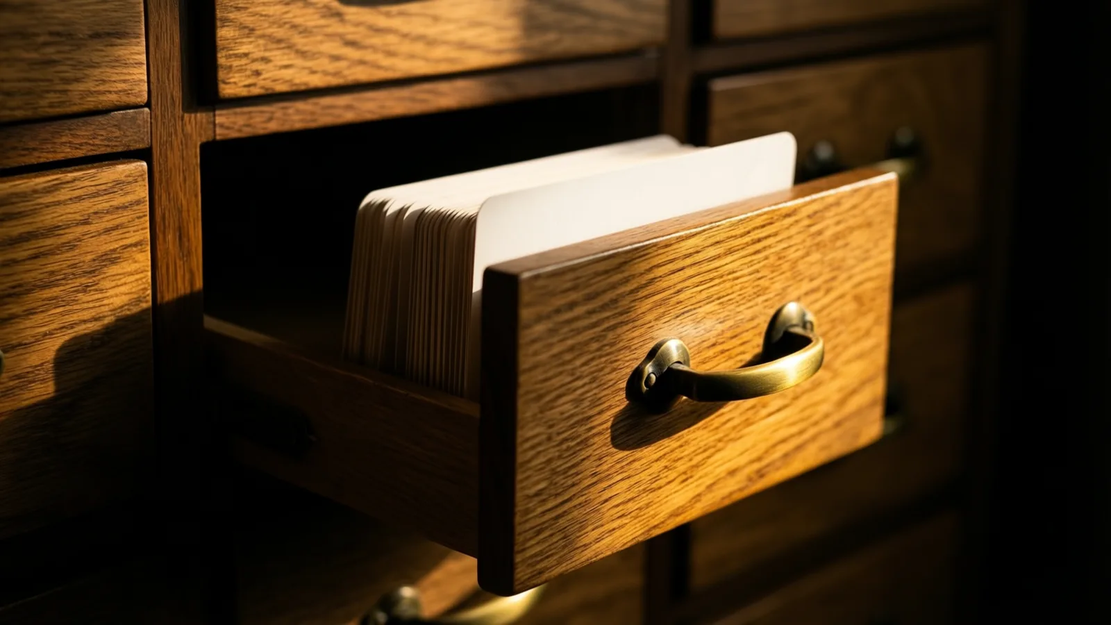 Un cajón de fichero de roble sale casi por completo de un mueble oscuro y deja ver toda su pared lateral y una pila inclinada de fichas, con luz cálida rasante sobre la madera y el tirador de latón.