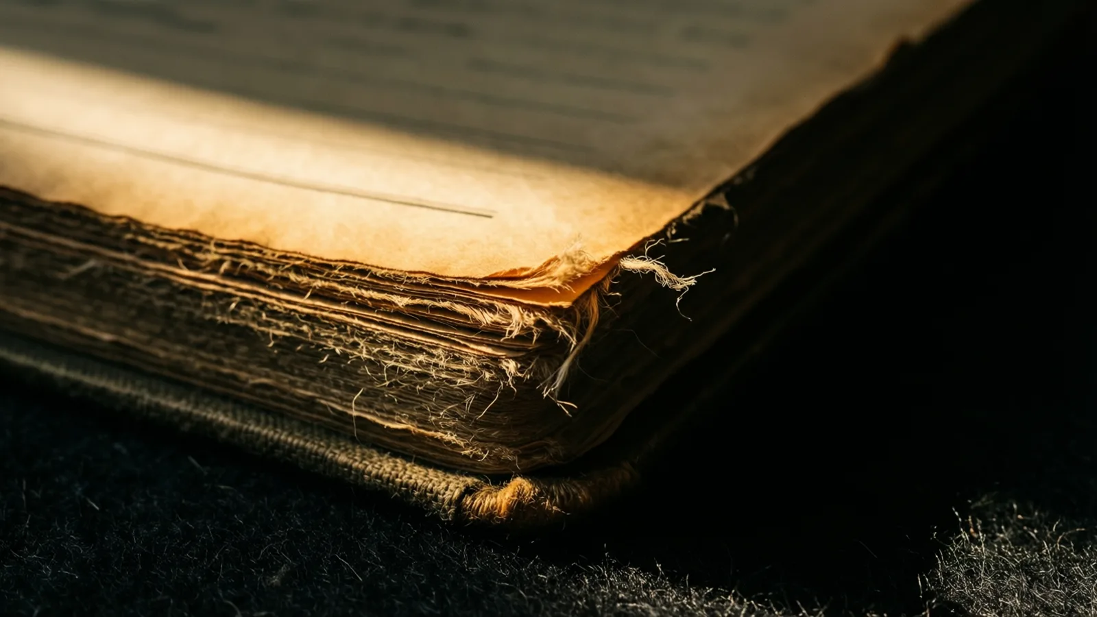La esquina pálida y deshilachada de un libro de registro encuadernado en lona recibe una luz cálida sobre fieltro oscuro, y sus hilos proyectan sombras finas.