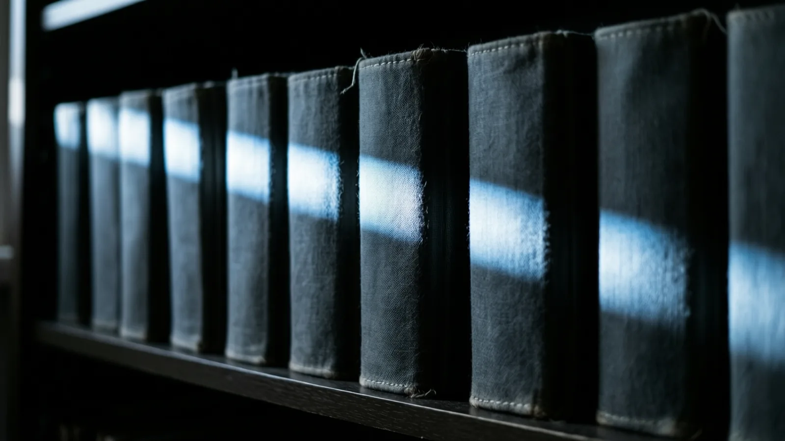 Una hilera de lomos de archivadores forrados en tela gastada se alinea, hombro con hombro, en un estante oscuro, con una luz fría rasante que recorre sus relieves.