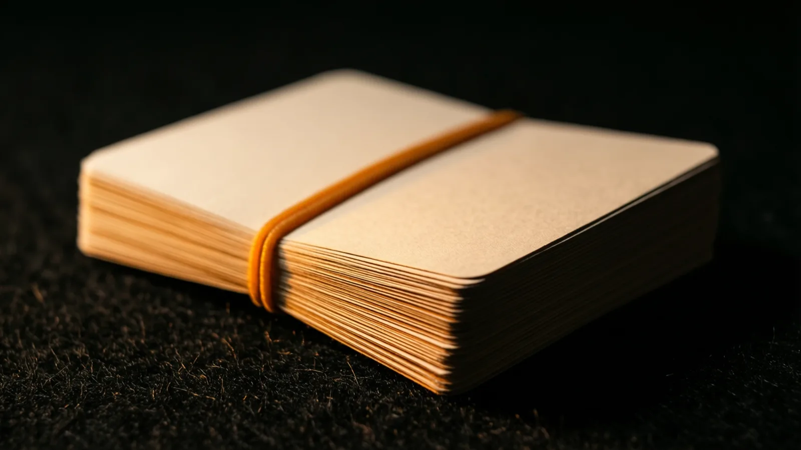 A small bundle of blank index cards held by a thin elastic band rests on dark felt, warm light tracing its fanned edges.
