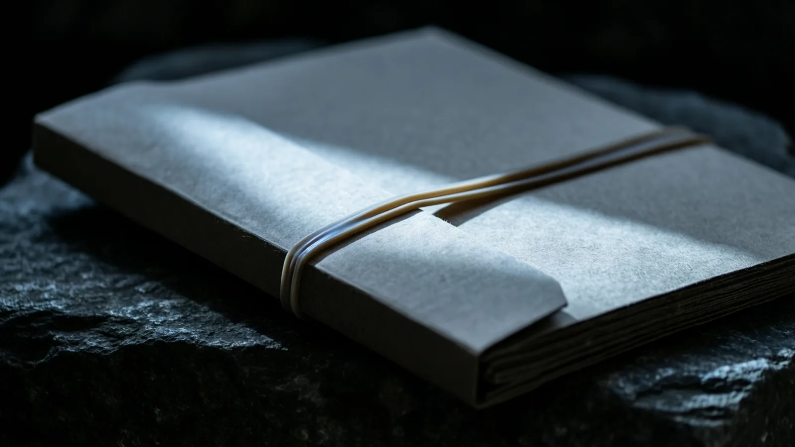 A pale kraft paper folder wrapped around a stack of sheets sits on rough dark slate, closed by a thin elastic doubled into two parallel strands, with a narrow cold beam crossing its cover.