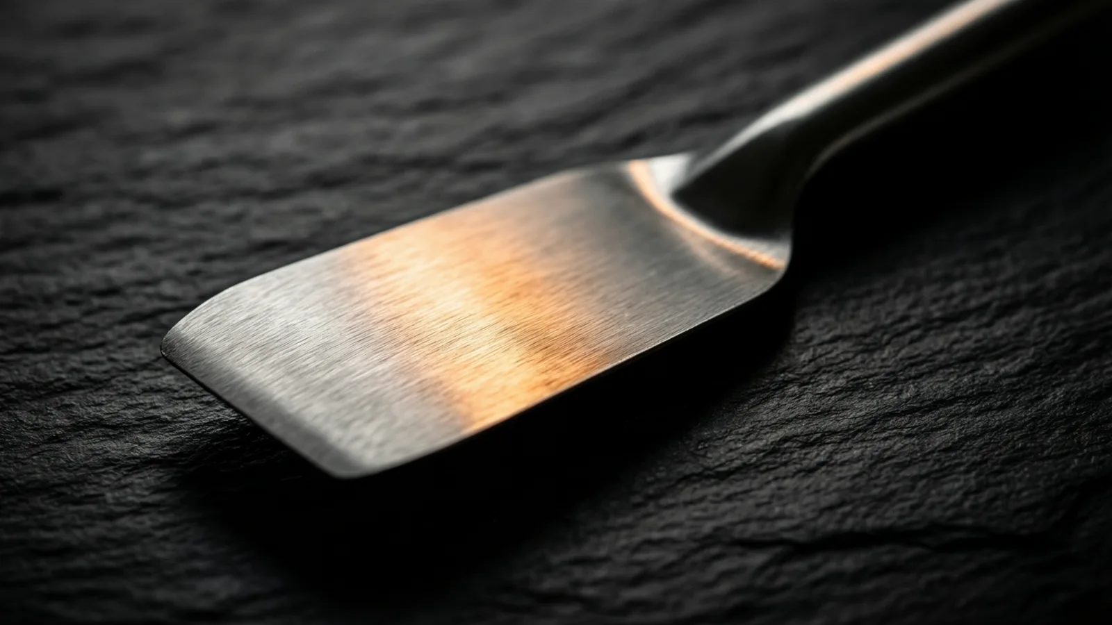 A single brushed-steel lab spatula lies diagonally on dark slate, warm light tracing the brushed grain of its blade.