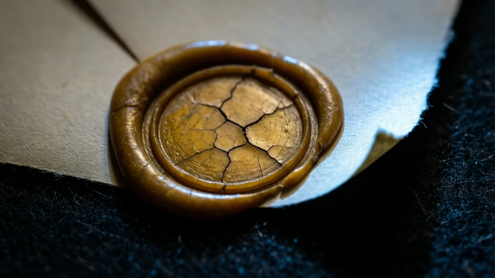An old wax seal, its surface cracked to a dull ochre-brown, clings to the curling edge of a single paper sheet under cold light.