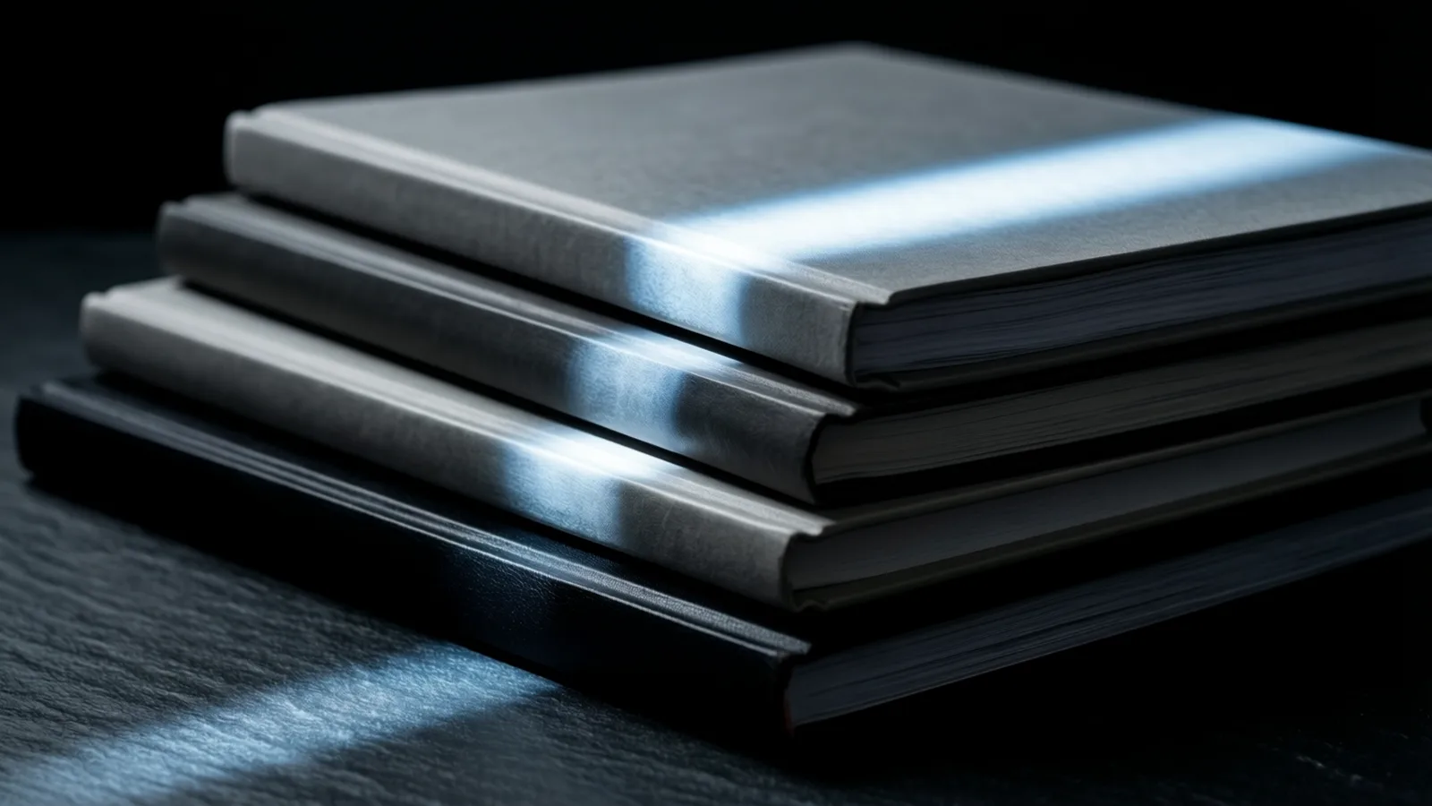 Four books with dark grey to black covers rest on a dark textured surface, light striking diagonally, creating bright highlights on the top two covers and the surface below.