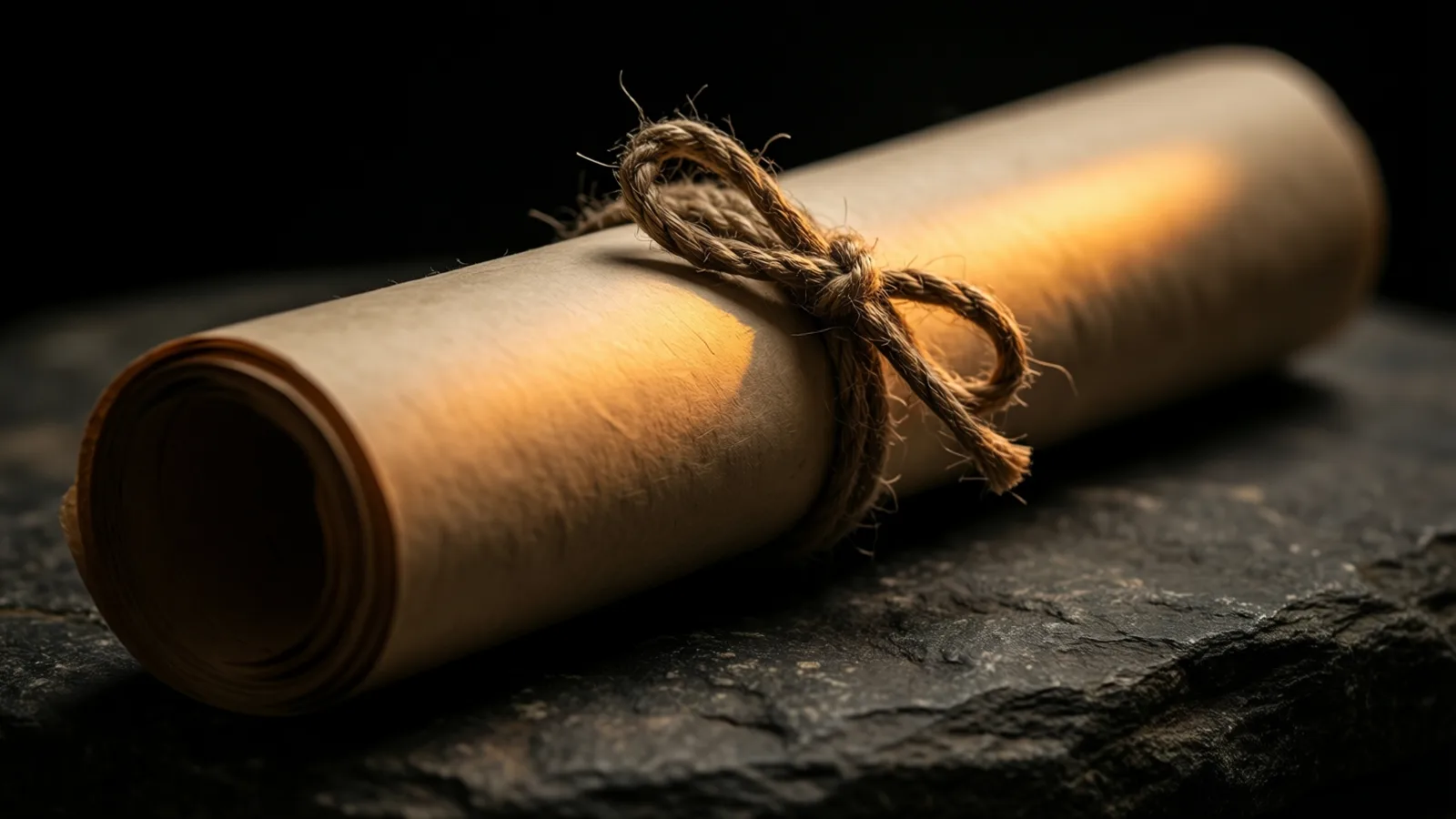Un rollo de papel claro descansa de lado sobre piedra oscura y rugosa, con el extremo enrollado hacia el espectador a la izquierda y un solo lazo de cordel grueso atado alrededor, bajo una luz cálida rasante sobre la curva superior.