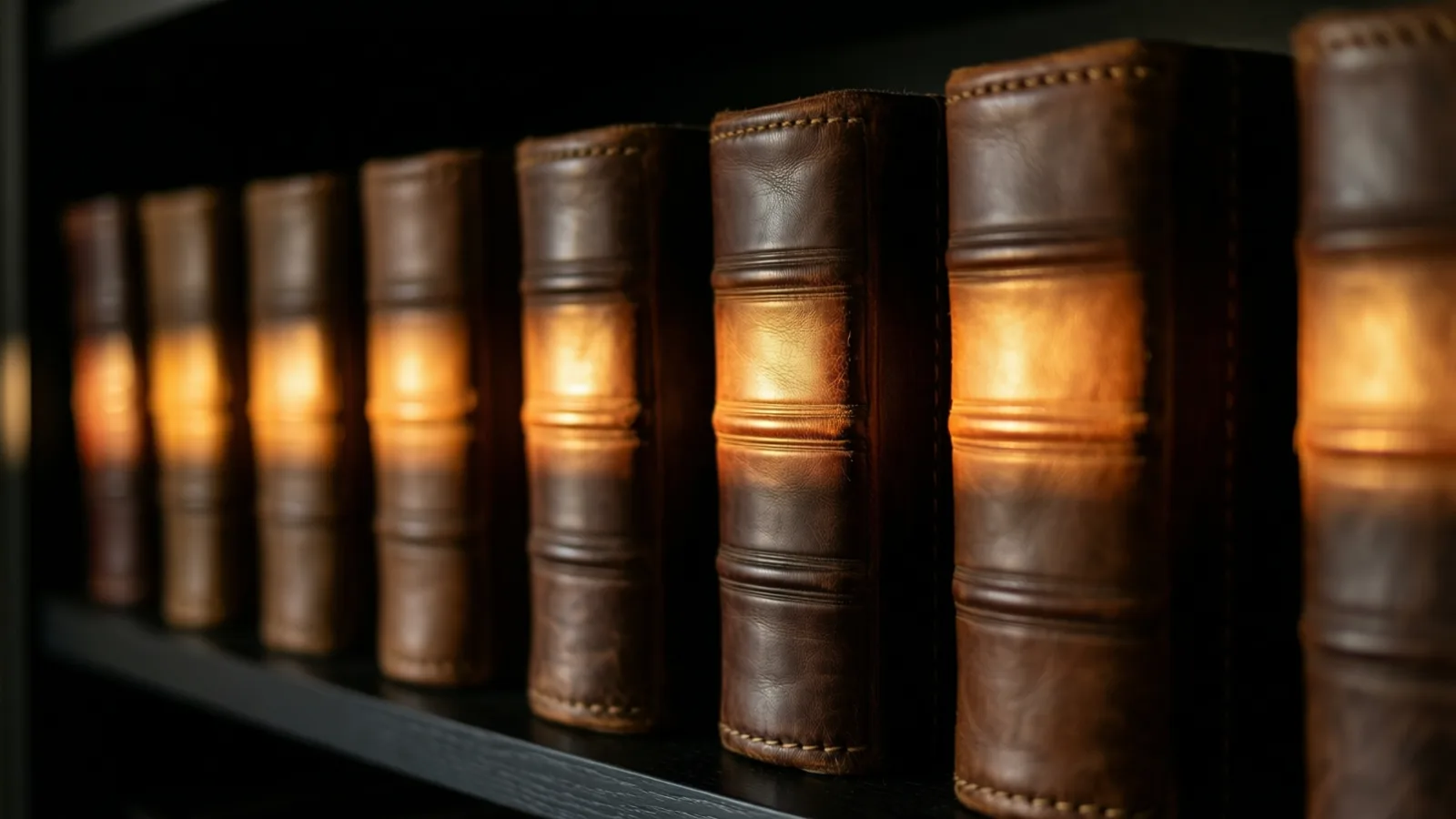 A row of leather ledger spines with worn tooled ridges stands upright on a dark shelf, warm light sweeping low across them.