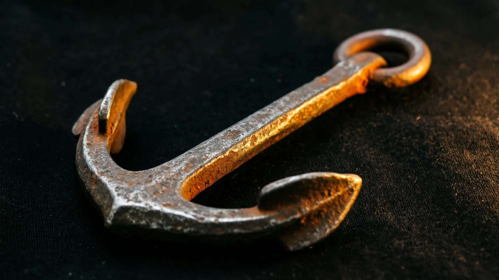 Una pieza de metal desgastada en forma de ancla, con superficie rugosa, manchas de óxido y reflejos cálidos dorado anaranjados, descansa sobre tela oscura. La luz cae sobre su vástago recto y el aro en la parte superior derecha, y la tela se funde en negro alrededor.