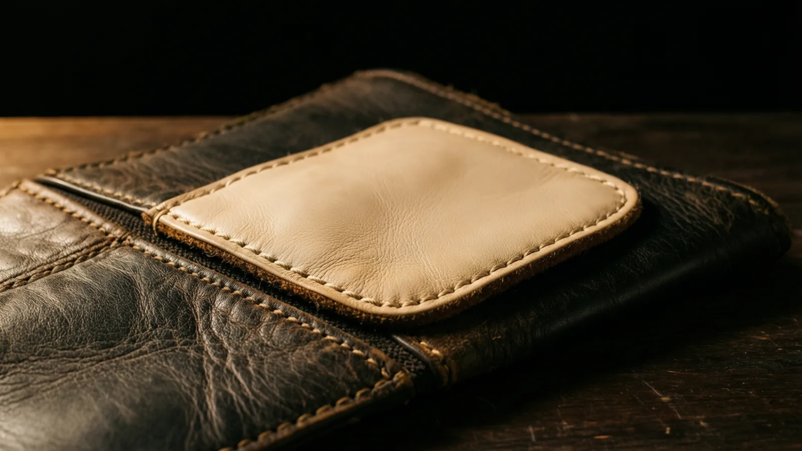 Una funda de cuero oscuro y desgastado con costuras visibles y un parche liso de cuero color crema cosido encima, sobre una superficie de madera oscura. La luz cae sobre el parche y el cuero arrugado en la parte inferior izquierda, y el fondo es negro.